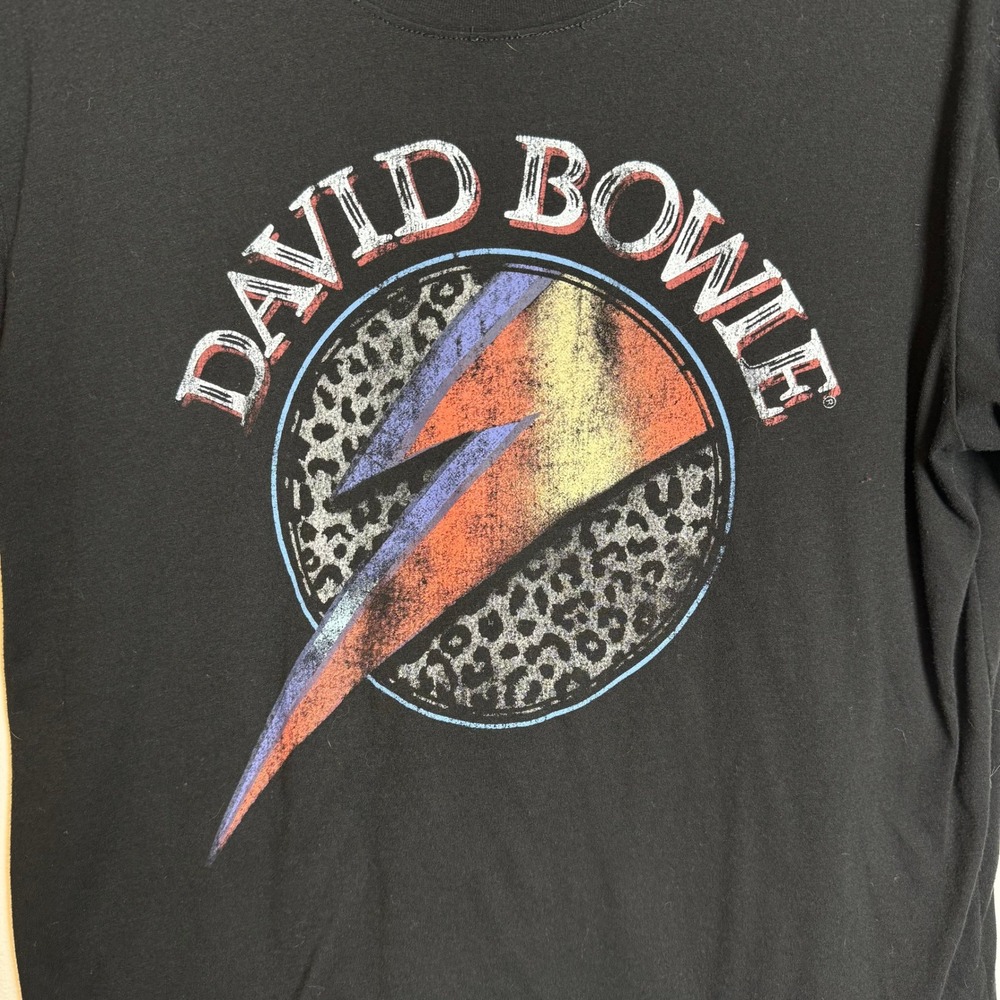 David Bowie Graphic T-Shirt L Black Lightning Bolt Leopard Print Rock - Picture 2 of 4